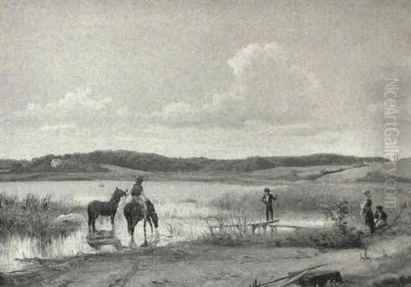 Landskab Med Dreng Med Heste Og Born Ved En S+ Oil Painting by Vilhelm Kyhn