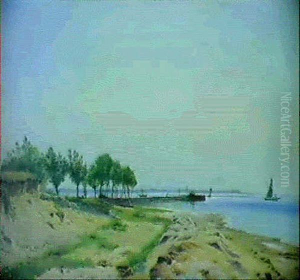 Kystparti Med Traeer Langs Mole, Antagelig Ved Isefjorden Oil Painting by Vilhelm Kyhn