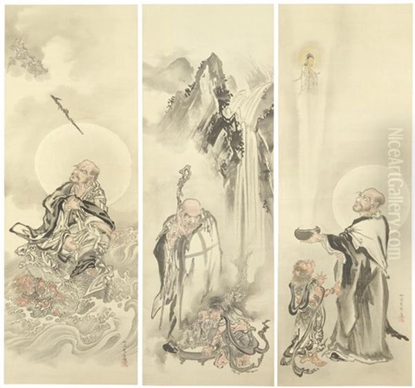 Set Of Three Kakejiku (vertical Hanging Scrolls) Oil Painting by Kawanabe Kyosai