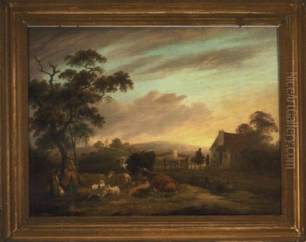 Farmyard Scene With Two Shepherdesses Oil Painting by Peter La Cave