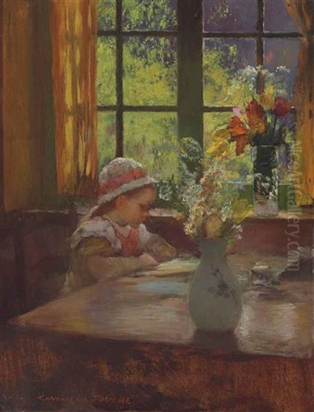 A Young Girl With Bonnet Reading By A Window Oil Painting by Gaston La Touche