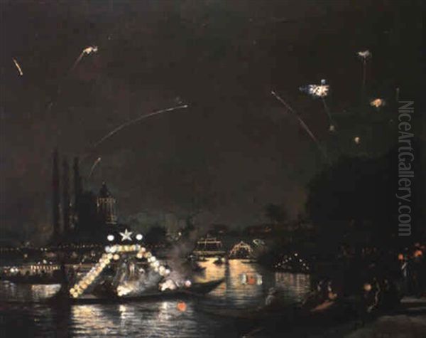 Paris La Nuit Du Xiv Juillet Oil Painting by Gaston La Touche