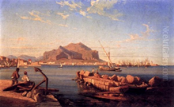 Fishing In The Harbour At Sunset Oil Painting by Alessandro la Volpe