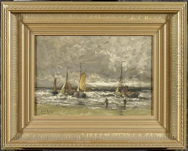 Fischer Am Strand Mit Segelbooten Im Meer Oil Painting by Gerard Van Der Laan