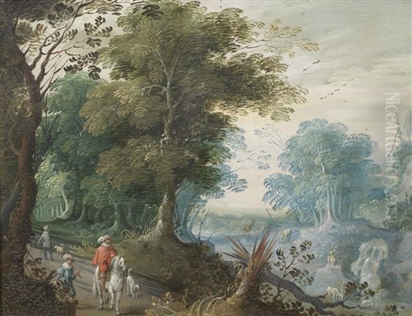 A Wooded Landscape With A Stag Hunt Oil Painting by Jasper van der Laanen