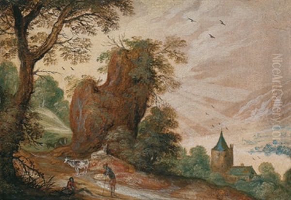 Gebirgige Landschaft Mit Einem Felsen Und Hirten Oil Painting by Jasper van der Laanen