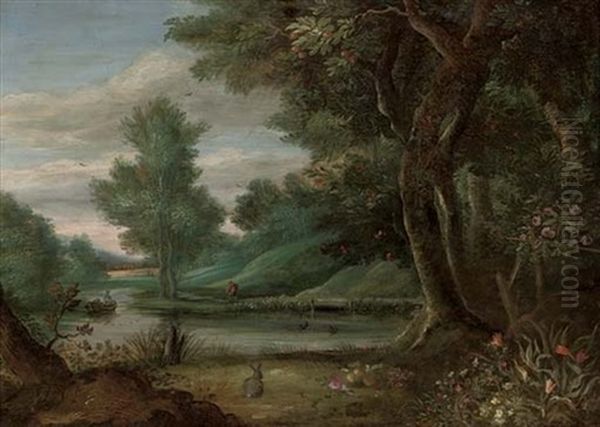 A Wooded River Landscape With A Traveller On A Path Oil Painting by Jasper van der Laanen