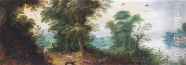 A Wooded Landscape With Hunters And Their Dogs Chasing Deers Oil Painting by Jasper van der Laanen