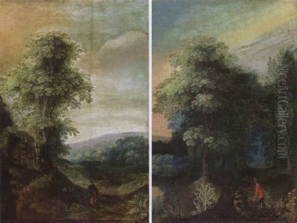 A Wooded Hilly Landscape With Travellers On A Path Oil Painting by Jasper van der Laanen