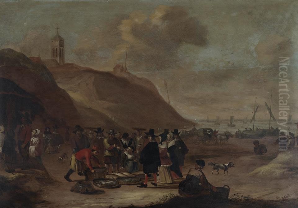 Fish Market At Egmond-aan-zee With Moored Boats Oil Painting by Cornelis Beelt