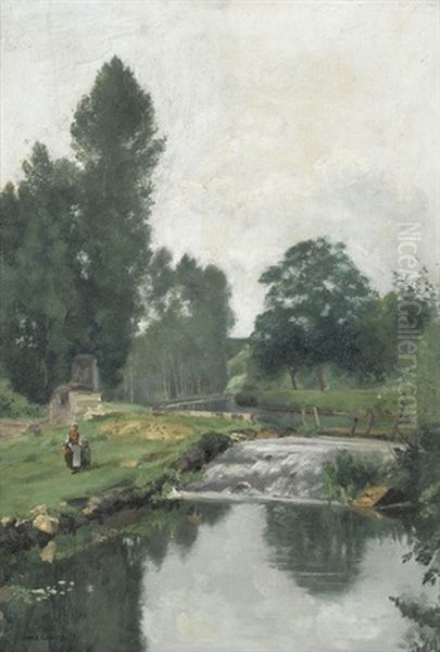 Flusspartie Mit Mutter Und Kind Oil Painting by Edme-Emile Laborne