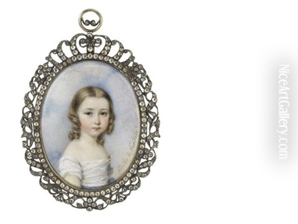 A Young Girl, Wearing White Dress With Blue Ribbon To Her Waist, Her Blonde Hair Centrally Parted And Falling In Curls To Her Shoulders Oil Painting by Amelie de Lacepede