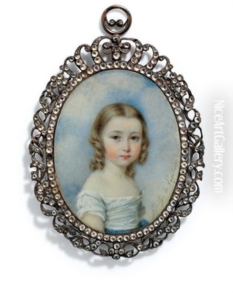 A Young Girl In White Dress With Blue Sash Around Waist Oil Painting by Amelie de Lacepede