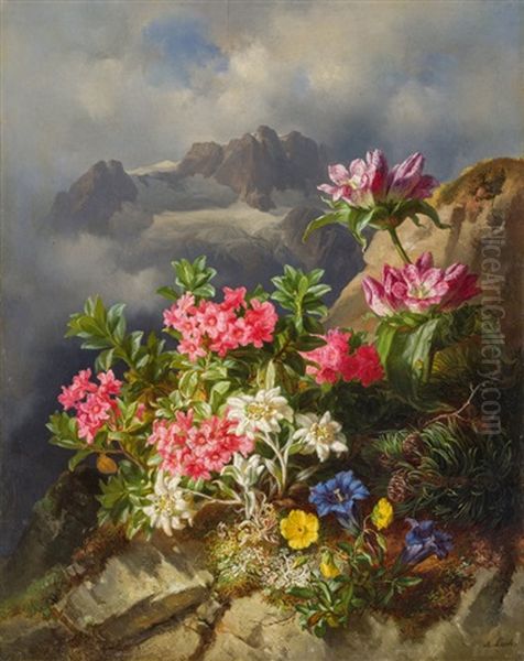 Alpine Flowers In Mountain Scenery Oil Painting by Andreas Lach