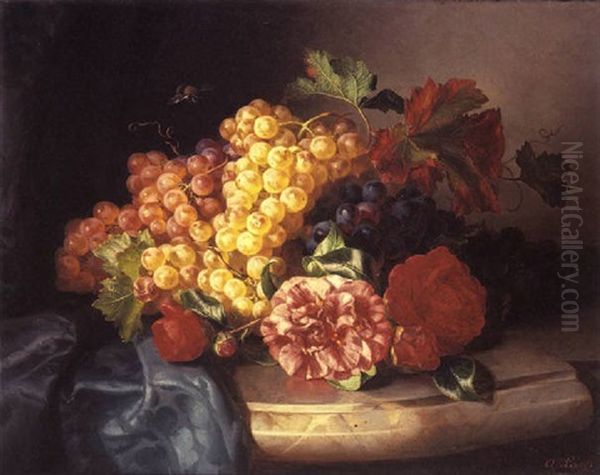 Still Life Grapes And Roses On A Ledge Oil Painting by Andreas Lach