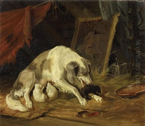 Die Hundemutter Mit Ihren Welpen Oil Painting by F. Sigmund Lachenwitz