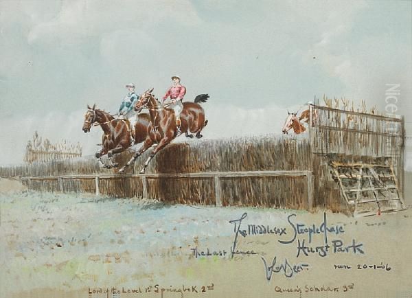 The Middlesex Steeple-chase, Hurst Park; Thegrand Sefton Steeple-chase Oil Painting by John Axel Beer