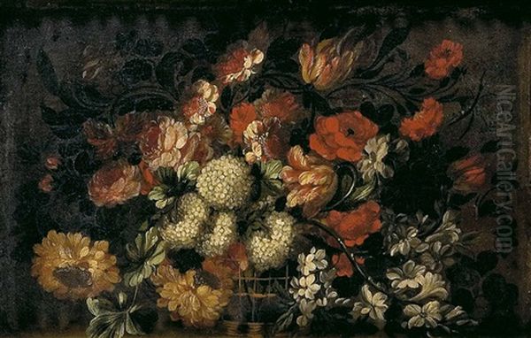 Bodegon De Rosas, Tulipanes, Hortensias, Crisantemos Y Fresias En Un Cesto De Mimbre Oil Painting by Gabriel de LaCorte