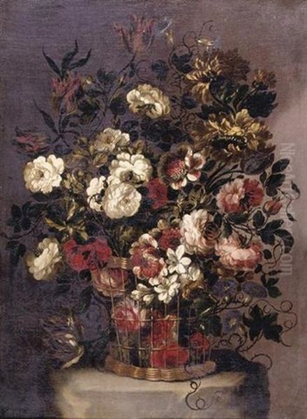 Still Life Of Flowers In A Woven Basket Oil Painting by Gabriel de LaCorte