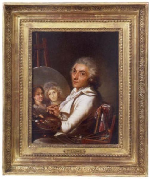 L'artiste Travaillant Au Portrait De Sa Femme Et De Sa Fille Oil Painting by Pierre Lacour