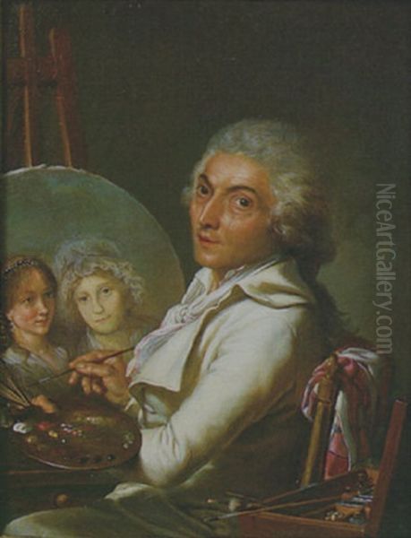 L'artiste Travaillant Au Portrait De Sa Femme Et De Sa Fille Oil Painting by Pierre Lacour