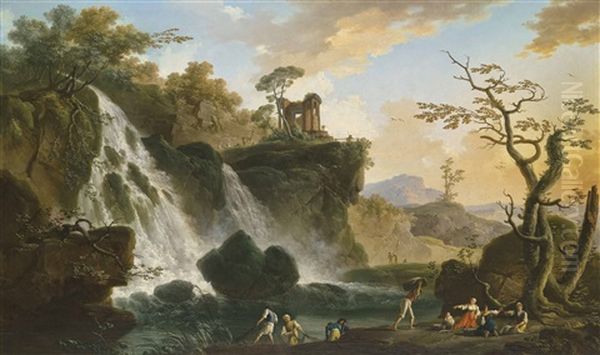 Tivoli, With The Grand Cascade And The Temple Of Vesta Oil Painting by Charles Francois Lacroix