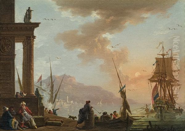 Marchands Orientaux Dans Un Port Mediterraneen Oil Painting by Charles Francois Lacroix