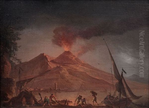 Eruption Du Vesuve De Nuit Sur Un Rivage Oil Painting by Charles Francois Lacroix