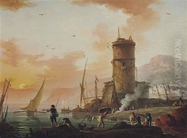 Un Bord De Mer Au Soleil Couchant Oil Painting by Charles Francois Lacroix