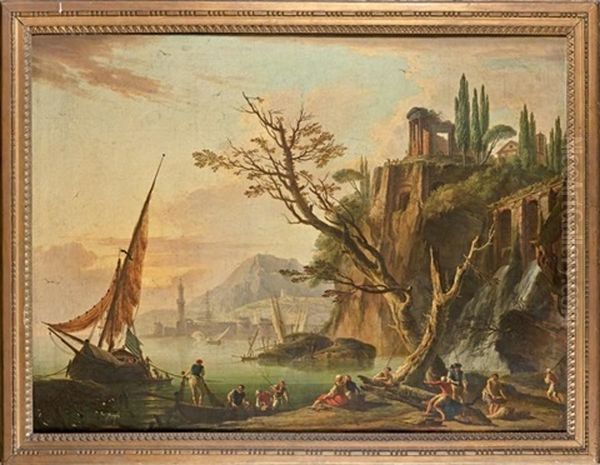 Pecheurs Amarrant Un Bateau Dans Un Port Avec Le Temple De La Sibylle A Tivoli Oil Painting by Charles Francois Lacroix
