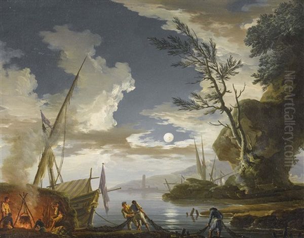 Fischer Im Mondschein Oil Painting by Charles Francois Lacroix