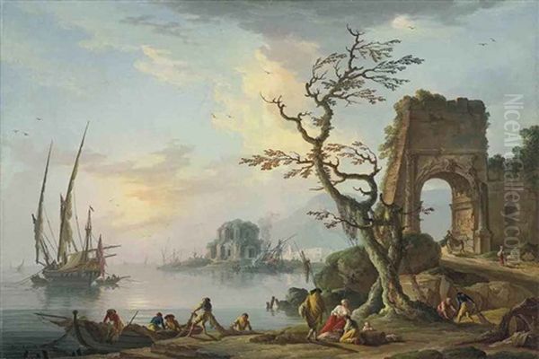 A Coastal Landscape With Fishermen Unloading Boats, A Capriccio Of The Arch Of Titus Oil Painting by Charles Francois Lacroix