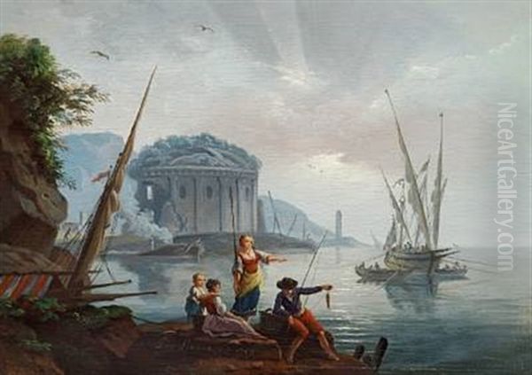 Mediterranean Seaport Scene With Fishermen At Dawn (+ Another, Pair) Oil Painting by Charles Francois Lacroix