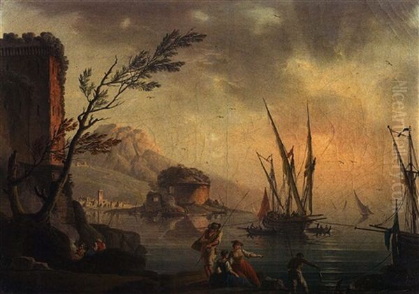 Pecheurs Pres De Ruines Oil Painting by Charles Francois Lacroix