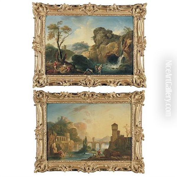 Bathers Frolicking By A Waterfall (+ Bathers Frolicking Along A Riverbank With A Bridge And A Fortress Beyond; Pair) Oil Painting by Charles Francois Lacroix
