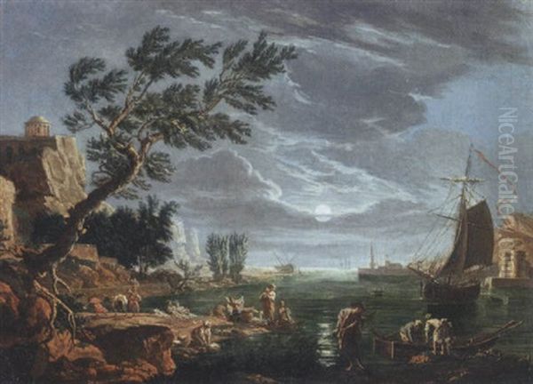 A Moonlit Mediterranean Landscape With Fishermen And Women Washing By A Harbour Oil Painting by Charles Francois Lacroix