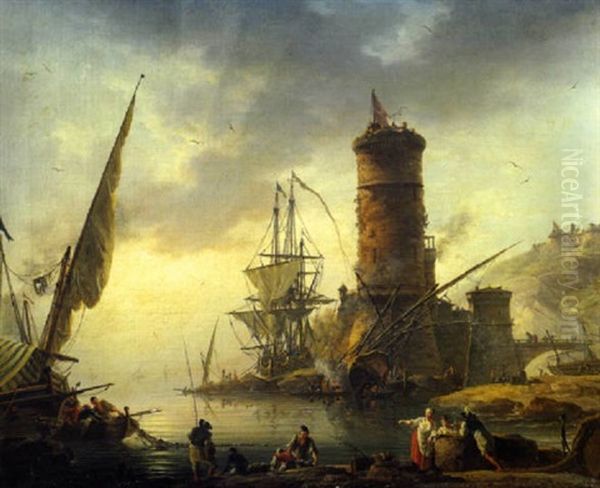 Vue Fantaisiste Autour D'un Phare Mediterraneen Oil Painting by Charles Francois Lacroix
