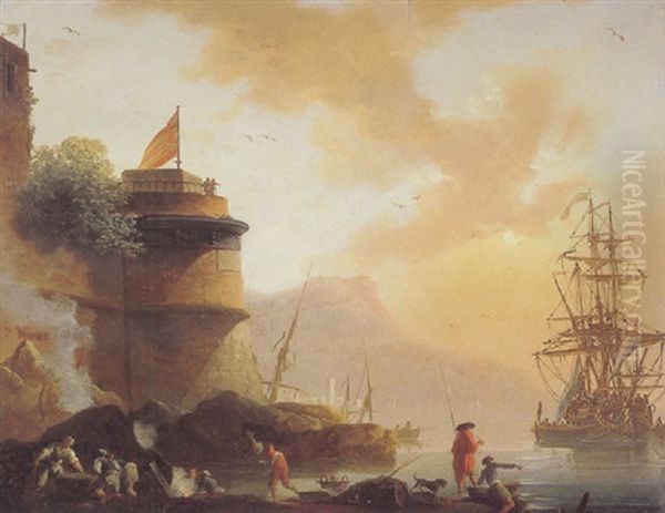 A Mediterranean Coastal Scene With Stevedors And Fisherfolk Beneath A Fortification Oil Painting by Charles Francois Lacroix