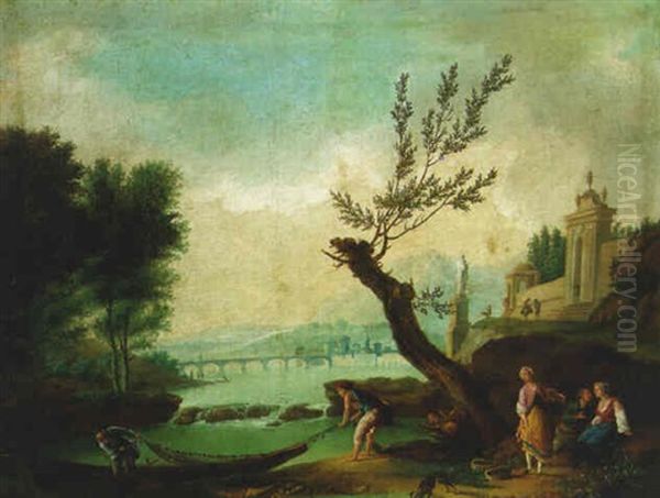 A River Landscape With Fisherman Pulling In A Net Oil Painting by Charles Francois Lacroix