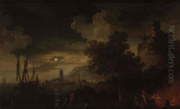 Pecheurs Au Clair De Lune Oil Painting by Charles Francois Lacroix