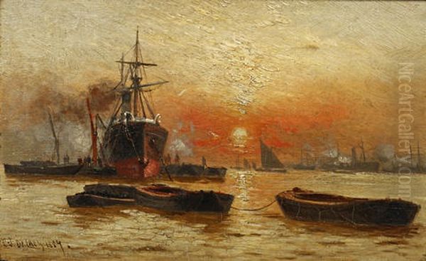 Sunset, River Thames (+ Untitled (view Of Victoria Docks; Pair) Oil Painting by Charles John de Lacy