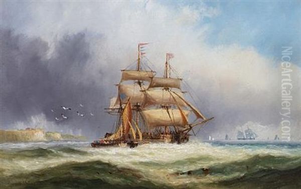The Isle Of Wight Pilot Boat Hailing An Outward Bound Ship Oil Painting by Charles John de Lacy