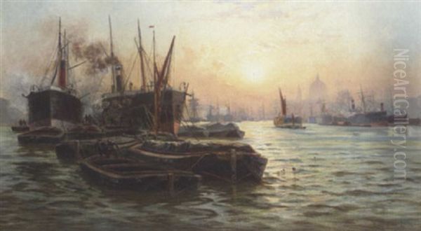 Shipping On The Thames At Sunset With St. Paul's In The Distance Oil Painting by Charles John de Lacy