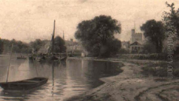 View On The Thames At Isleworth With The London Apprentice Inn Oil Painting by Charles John de Lacy
