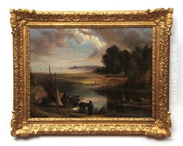 River Landscape With Figures And Boats Oil Painting by Henry Ladbrooke