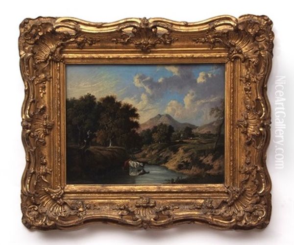 Lakeland Scene With Cattle Watering Oil Painting by John Berney Ladbrooke