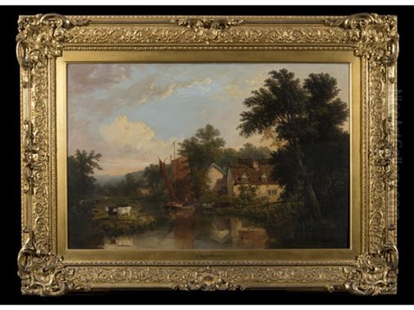 River Scene With Figures, Wherry And Cattle, Norwich Castle On The Horizon Oil Painting by John Berney Ladbrooke
