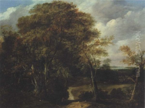 Landscape With A Figure In Red Walking Along A Tree-lined Path, An Estuary Beyond Oil Painting by John Berney Ladbrooke