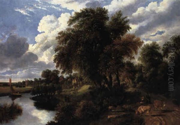 Norfolk Landscape With Figures And Cattle Oil Painting by John Berney Ladbrooke