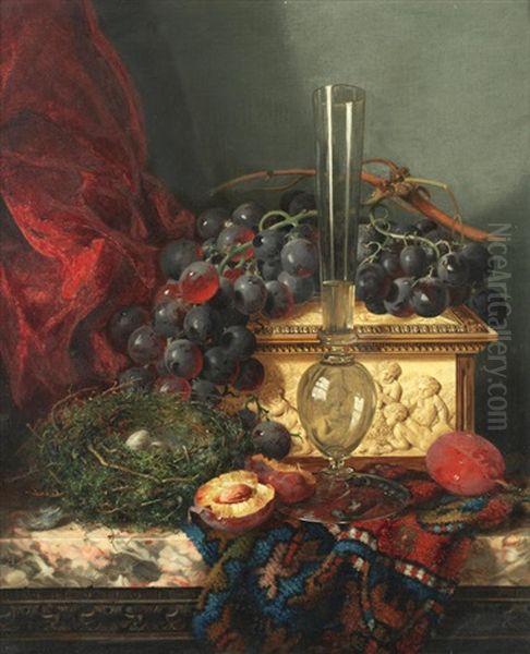 Still Life Of Fruit, A Bird's Nest, A Fluted Vase And Ornate Ivory Casket On A Marble Ledge Oil Painting by Edward Ladell